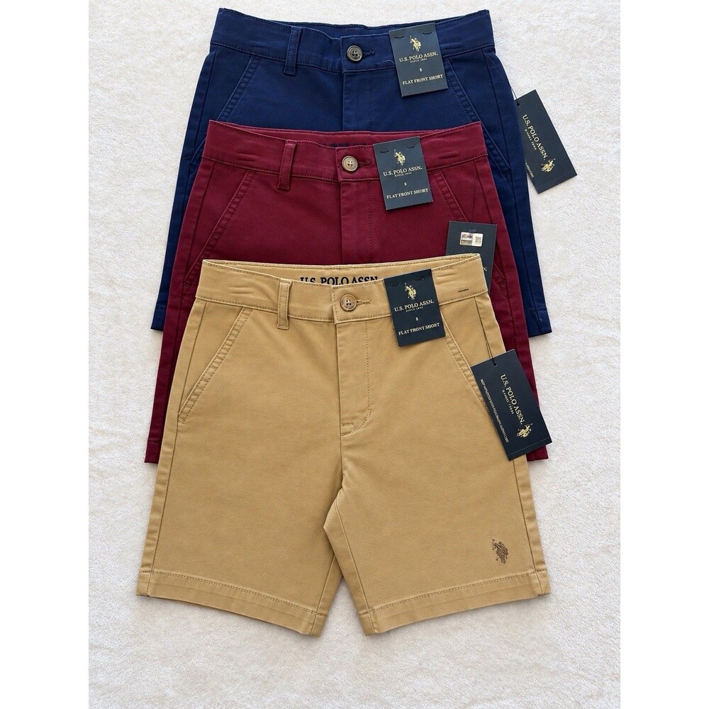 U.S. Polo Assn Boys Size 8 Chino Shorts 3 Pack Navy Burgundy Khaki